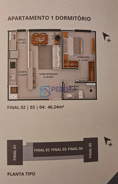 Apartamento de 01 dormitório na planta: 2ª foto da galeria de imagens do imóvel