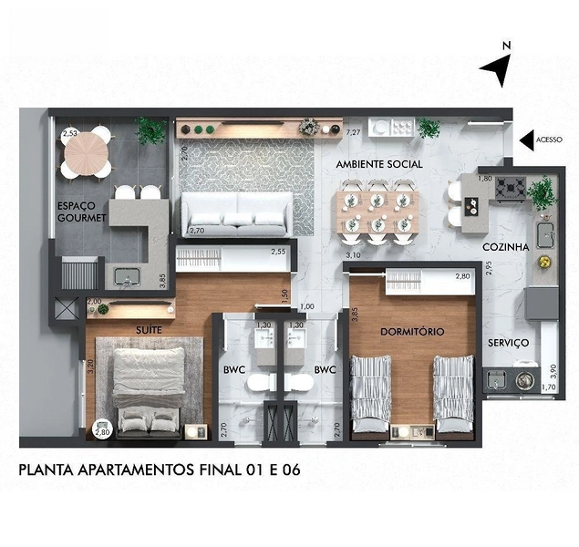 APARTAMENTO COM 1 SUÍTE E 1 QUARTO NO CENTRO - RESIDENCIAL LA VITA: 3ª foto da galeria de imagens do imóvel