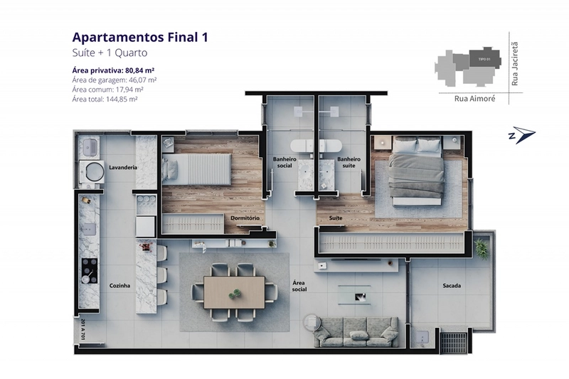 Apartamento na Planta com 1 Suíte + 1 Quarto – Residencial Tívoli: 4ª foto da galeria de imagens do imóvel