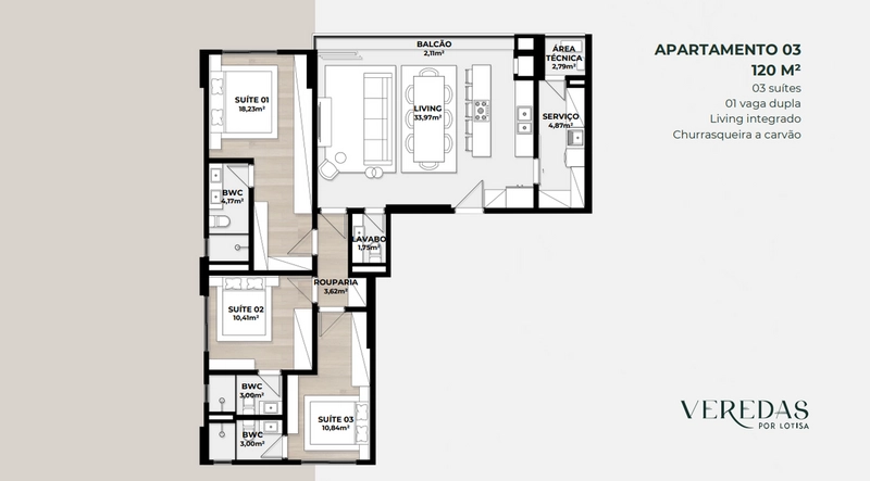 Apartamento Veredas 120 m² – 3 Suítes e 2 Vagas de Garagem: 4ª foto da galeria de imagens do imóvel