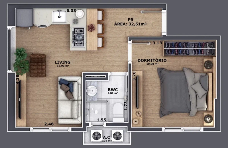 Apartamento 1 dormitório no centro de Itajaí no Ed. Pass Conect: 2ª foto da galeria de imagens do imóvel
